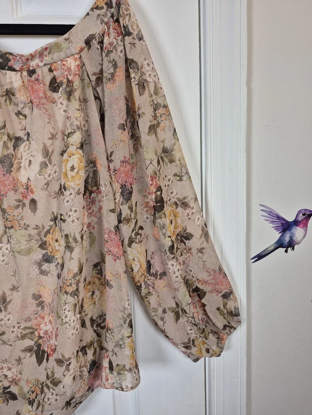 Whimsigoth Romantic Floral Sheer Balloon Sleeve Cold Shoulder Blouse S